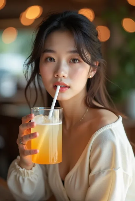 there is a woman sitting at a table with a drink in her hand, a young asian woman, holding a drink, taken with canon eos 5 d mark iv, an asian woman, beautiful young korean woman, beautiful south korean woman, shot on canon eos r5, gorgeous young korean wo...