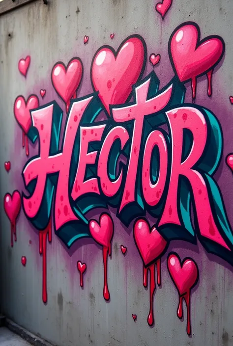 Create graffiti that says "Hector" With hearts and gangster design, you can see it pretty and colorful with pink color 