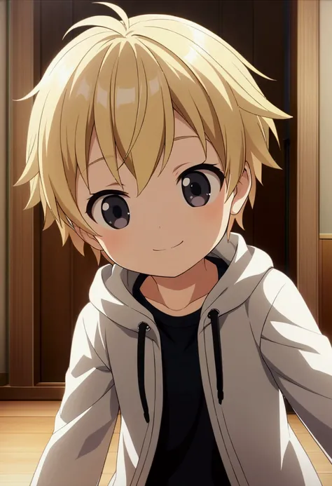 1kid, boy, blonde short hair, cute, black eyes, cute smile, CG, screenshot, 4years