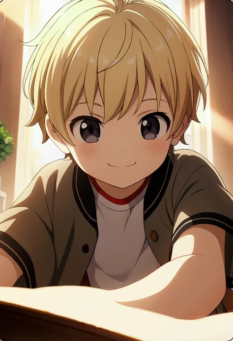 1kid, boy, blonde short hair, cute, black eyes, cute smile, CG, screenshot, 4years