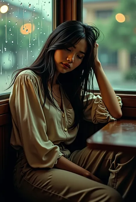 Professional photography, Wong Kar Wai movie lighting style, a charming sorrow Filipina beauty wearing vintage blouse and vintage khaki pants, she has messy long straight hair, she looking down, sitting lean back in corner of restaurant, window with raindr...