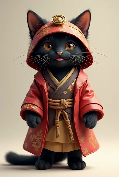 A kitten dressed as Ryoma Sakamoto stands on two legs,cute,Black Cat,smile,whole body,Alone,Real