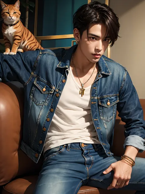 masterpiece, complicated details, (((handsome young boyอายุ 30 ปี))), rocker denim jacket, jeans, leather bracelet, wire necklac...