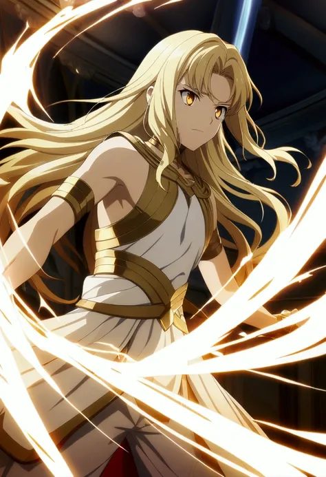 1boy, blonde long hair, golden eyes, greek god clothes, CG, screenshot