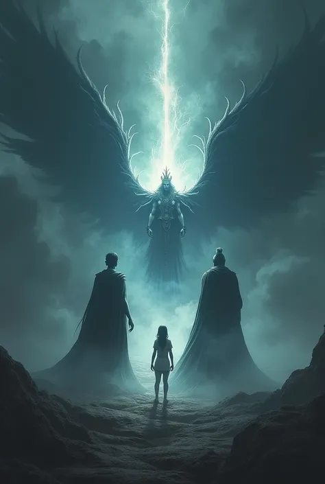 An ominous, dark landscape with swirling shadows enveloping the Earth, under the reign of the sinister dark king Kaal. In the midst of the darkness, a girl stands, her figure glowing faintly, representing hidden powers. On one side, Kaal, draped in dark ro...