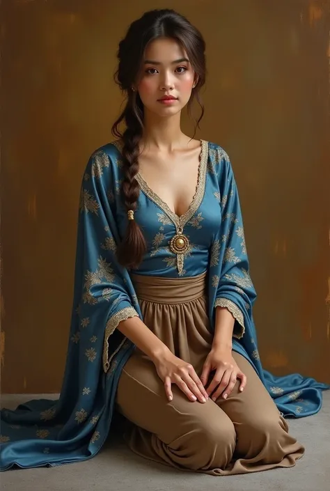 
A serene Malay sexy woman with long brown hair in a bun, no wearing laced shawl and a blue silk floral kebaya with a brown sarong, kneels on a grey carpet. She glances gently at the camera, set against a warm, textured brown background. The realistic pain...