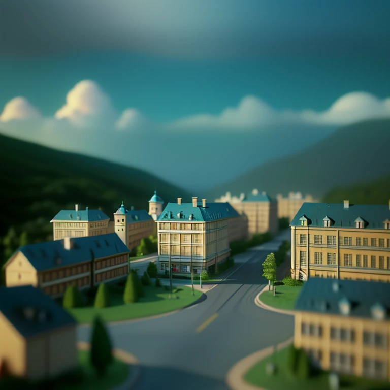 miniature photography, miniature set, miniature/diorama style, a miniature cityscape, miniature diorama style town, ((tilt-shift...