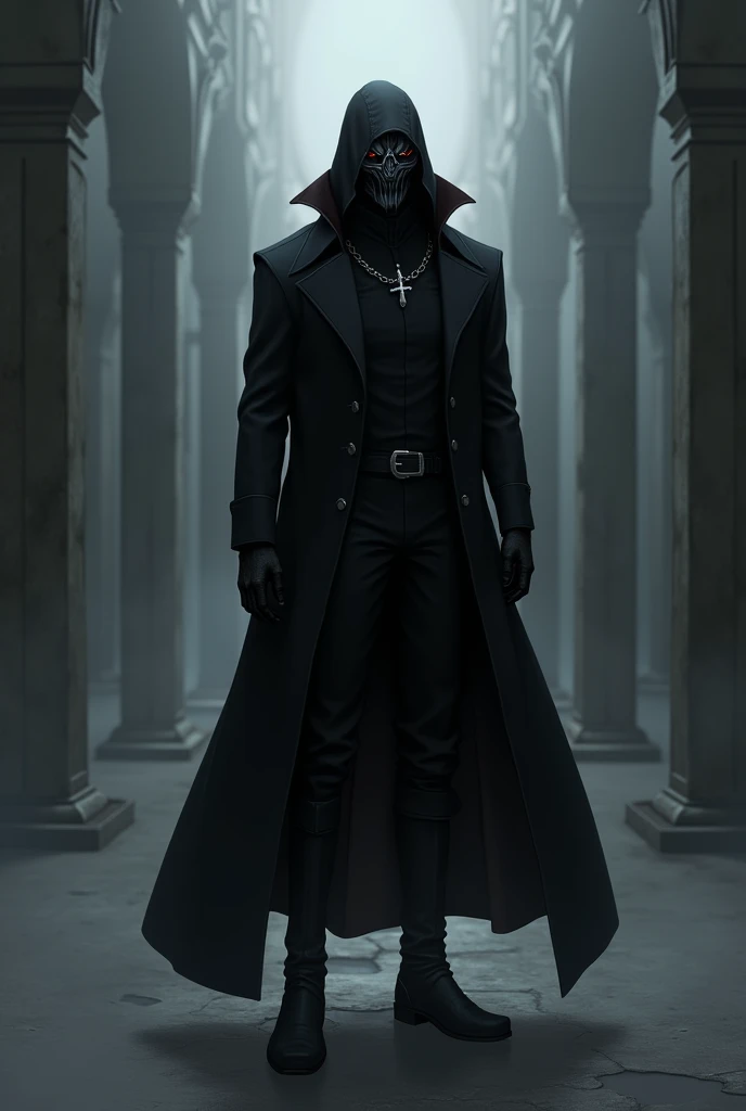 6ft, male, wearing a  black version of Reinhard van Astreas clothes for re: zero, hes wearing a mask