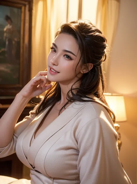 1girl, elegant martial artist woman, busty, beautiful detailed eyes, beautiful detailed lips, extremely detailed face and features, beautiful detailed teeth, warm smile, feminine power, intricate details, warm lighting, cinematic composition, dramatic ligh...