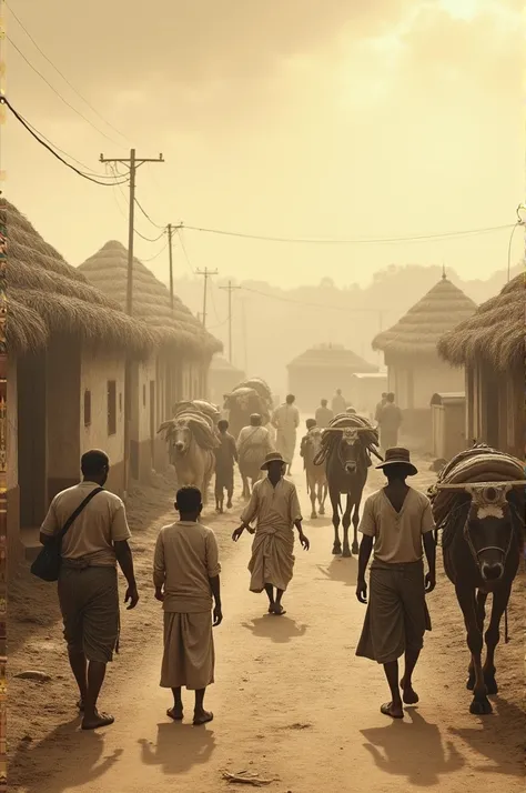 "An early 1900s village scene in sepia tones, with a rustic, rural feel. Bullock carts are being pulled on dirt roads, and people wear traditional Indian attire like dhotis and sarees. The village is surrounded by vast fields, and the architecture reflects...