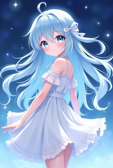 Light blue hair、Light blue hair、Shiny Hair, Gradient color hairstyle, Pastel colors、 Long Hair、smile, Gradient color eyes, White frilly dress、High resolution, masterpiece, Winner of numerous awards, 高quality, High-resolution model, Ultra high definition, T...