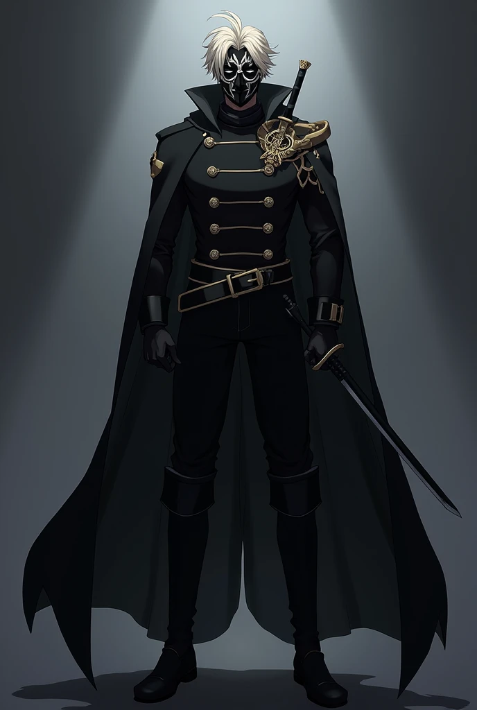 6ft, male, wearing a  black version of Reinhard van Astreas clothes for re: zero, hes wearing a mask, and has his katana sheathed 