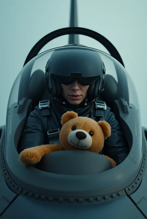 a fighter jet cockpit, a pilot wearing a helmet lowering half-mirror shield, a teddy bear in front of the pilot, the pilot flying seriously, highly detailed, realistic, photorealistic, cinematic lighting, dramatic, cold colors, high-quality, 8k, masterpiec...