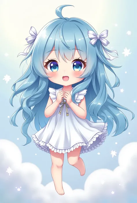 Light blue hair、Thin white hair、Shiny Hair, Gradient color hairstyle, Pastel colors、 smile, Gradient color eyes, White frilly dress、High resolution, masterpiece, Winner of numerous awards, 高quality, High-resolution model, Ultra high definition, Textured sk...