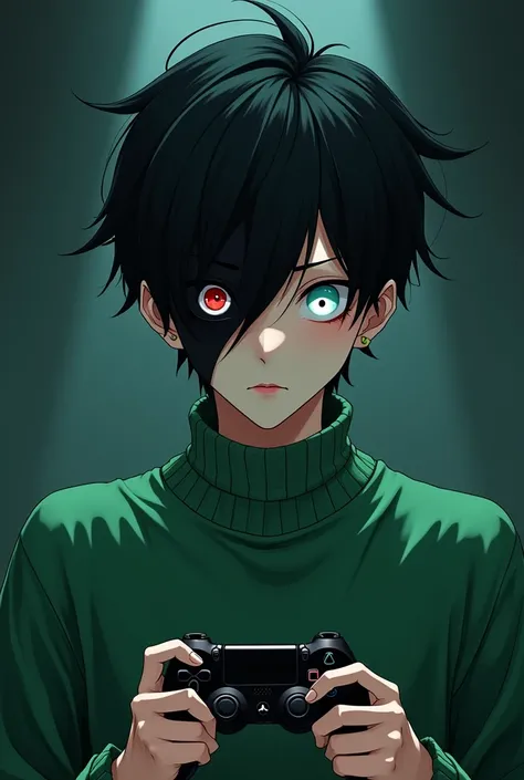 black haired man, one eye white and the other black with a green sweater and a video game controller in his hand, anime