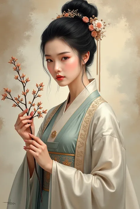 arafed woman in a traditional dress holding a branch of a tree, chinese woman, inspired by Xu Xi, inspired by Chen Rong, inspired by Dai Xi, chinese empress, traditional chinese, inspired by Lan Ying, chinese princess, inspired by Ju Lian, inspired by Guo ...