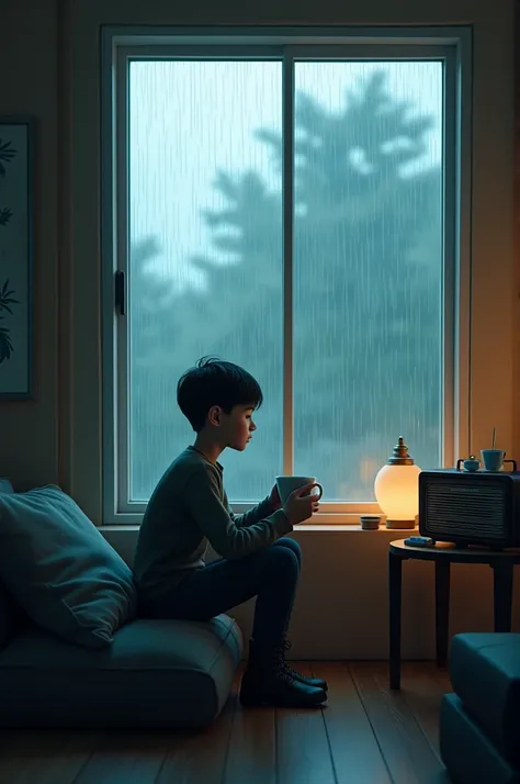 A alone boy sitting on chear 
Side a window 
He was seeing windows morning rain view 
A readio song playing 
His hand a coffee cup
3d image 