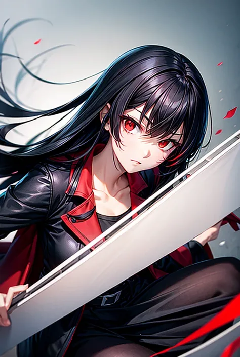 Black haired girl with red eyes in delinquent clothes