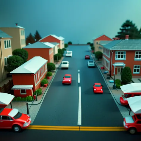 Miniature Photography, Miniature set, Miniature/Diorama Style, A miniature cityscape, Miniature diorama style town, Miniature Car, ((Tilt-shift photography, photograph with a tilt-shift lens:1.3, Shot with a Perspective Control Lens:1.3)), ((highest qualit...