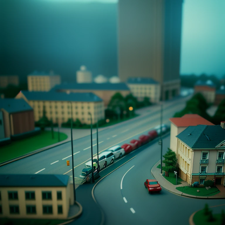 miniature photography, miniature set, miniature/diorama style, a miniature cityscape, miniature diorama style town, ((tilt-shift...