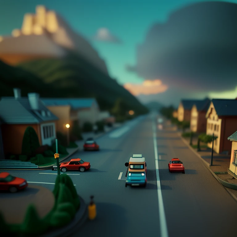 miniature photography, miniature set, miniature/diorama style, a miniature cityscape, miniature diorama style town, ((tilt-shift...