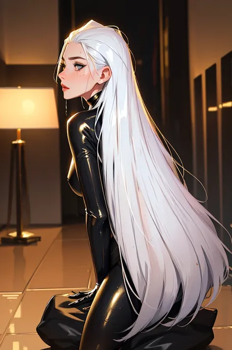 photorealistic, high resolution, 1 women, , beautiful eyes,dark makeup, influencer, thot, blush,  , detailed face, white hair, long hair,, , (black and gold bodysuit, futuristic), shiny skin, wet skin, slender body, dark makeup, abs, slender, hair pushed b...