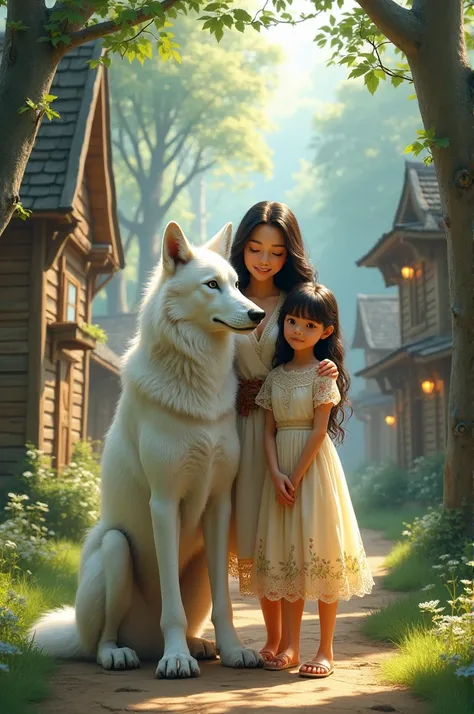 mother and her pretty daughter with a  beautiful white wolf in the amazing foreat Village
