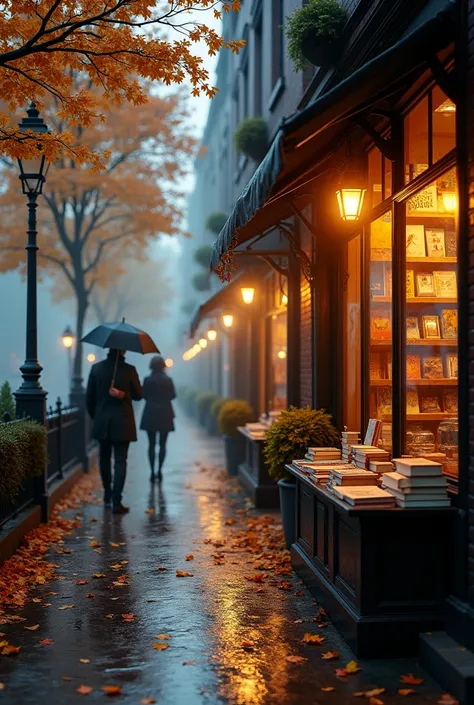 The image shows a cobbled street during a rainy autumn day.. The ground is wet, reflecting the warm lights of the street lamps and shop windows, while dried orange and yellow leaves are scattered on the ground, creating a contrast with the humid environmen...