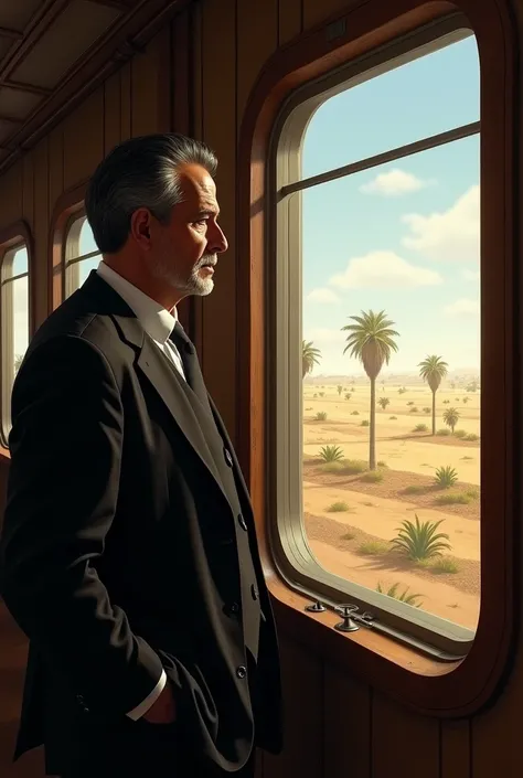 
"A sorrowful and melancholic Egyptian criminal lawyer stands by the dimly lit window of a train traveling to Upper Egypt. The soft, golden sunlight filters through the window, casting long shadows on his weary face, highlighting the lines of stress and co...