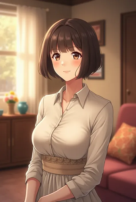 Generate the sumire mom character having a short hair and normal blouse and beautiful having a very costly dress and personality is very good and helpful everyones so concern about her son sumire hoshino 