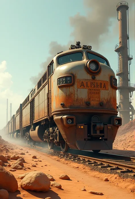 imagem diagonal de um trem moderno enferrujado abandonado descarrilado e ultra futurista de dois andares e de metal industrial atravessando o deserto do sahara, post apocalyptic environment, the train passes through a destroyed industrial area with tall me...