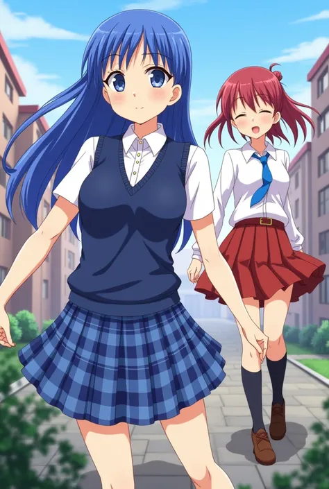 Anime Girl with Blue Hair in a Blue Plaid Skirt and white Short Short sleeve button and Blue Sweater vest with a Red hair girl in a Solid red skirt and long sleeve schoolgirl shirt. 