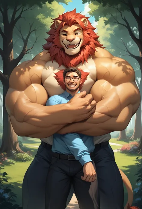 4k, detailed, soft color, highres, park, unparalleled masterpiece, love story of human (a huge muscular man) and furry lion, hug...