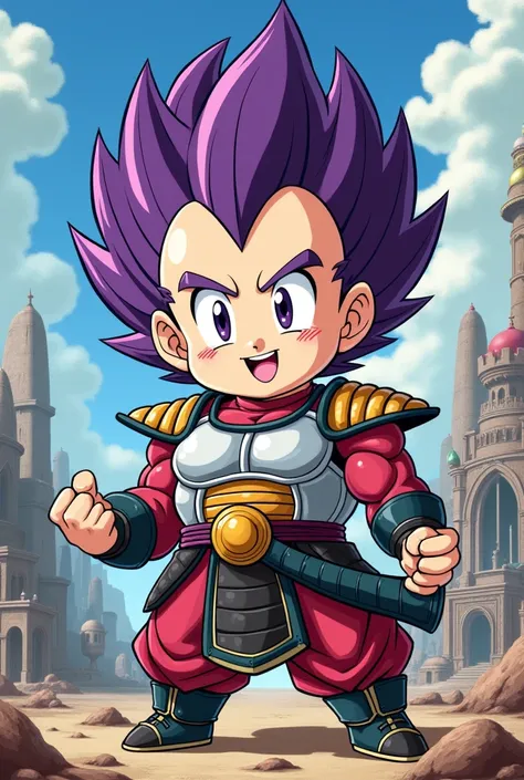 Fait moi un personnages petit et gros  en mode  sayen avec des cheveux violet  dans lunivers dragon ball 
