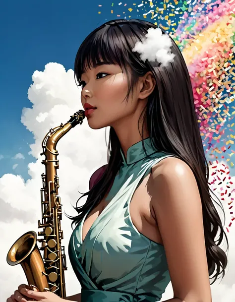 painting of an asian woman with a saxophone and a cloud of confetti, side profile artwork, beautiful artwork, art of alessandro pautasso, saxophone, extremely high quality artwork, a beautiful artwork illustration, beautiful digital artwork, artistic illus...