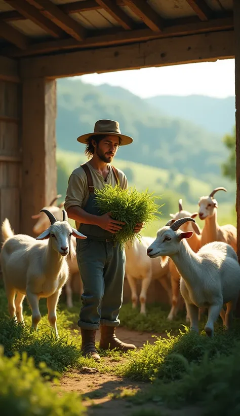 Draw me a picture of a goat farmer ,still young,feeding the goats,a goat&#39;s grass ,with the background of the goat shed