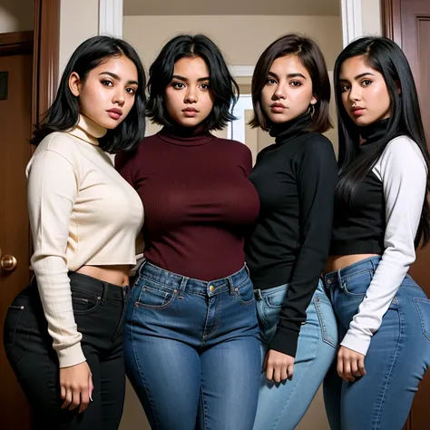 3 girls, beautiful detailed, cute face, short, 3 Mexican emo teens, slightly chubby, different personalities, different body shapes, short black hair different style, black hair over one eye, long sleeve turtleneck long shirt tucked in long jeans, pearshap...