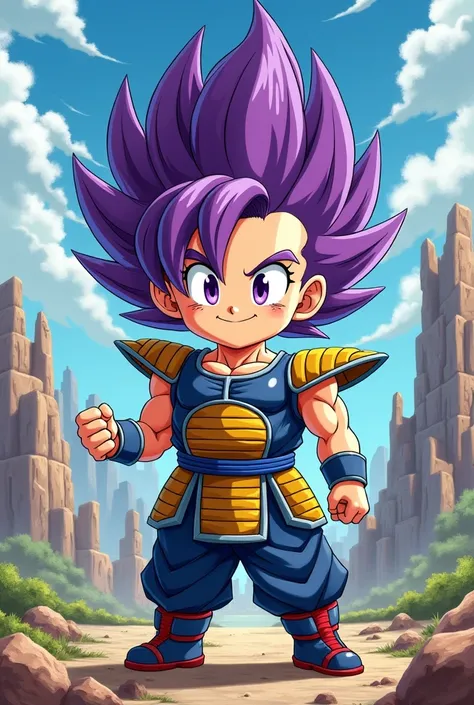 Fait moi un personnages petit et gros  en mode  sayen avec des cheveux violet  dans lunivers dragon ball 
