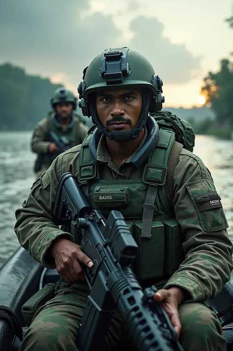 Bangladesh special force with Advanced advanced uniform in Boat holding Bangladesh cloudy sky blue Bengal Tiger 