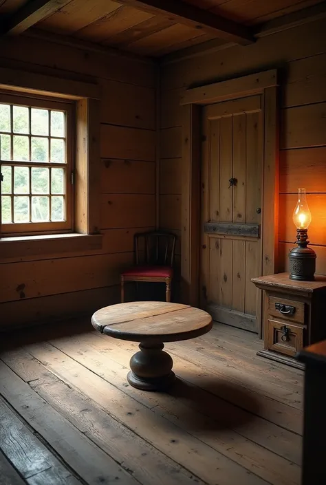 Rustic wooden living room with a small window and a door and an antique round table and an antique oil lamp on a small nightstand 