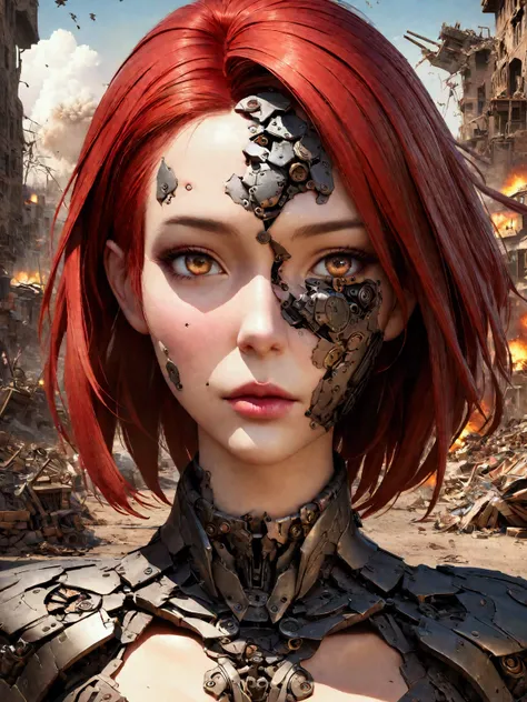 masterpiece, Best Quality(:1.2), Very super detailed, Japanese Android Girl,3D Puzzles , Beauty appearance  , red-haired, explosive warhead, Machine parts, that are embedded in the face, transitional, inspired by Igor Morski, dramatic work of art, photo ma...