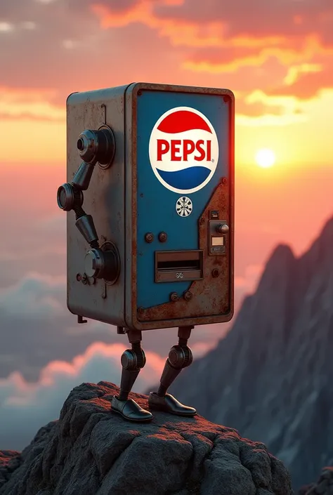 Vending machines have Japanese arms and two legs., robot  ，antique，Pepsi cola vending machine，Sunrise at the top of the mountain,８K-Photo