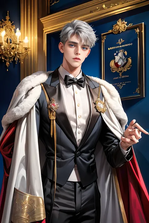 
masterpiece, 最high quality, high quality, 1 boy, alone, Male focus, Watching the audience,  disheveled gray hair, Adorable big blue eyes, White, Noble, Noble,A sexy, voluminous, puffy cape、tuxedo、A very voluminous, large, very large, very large, long, lon...