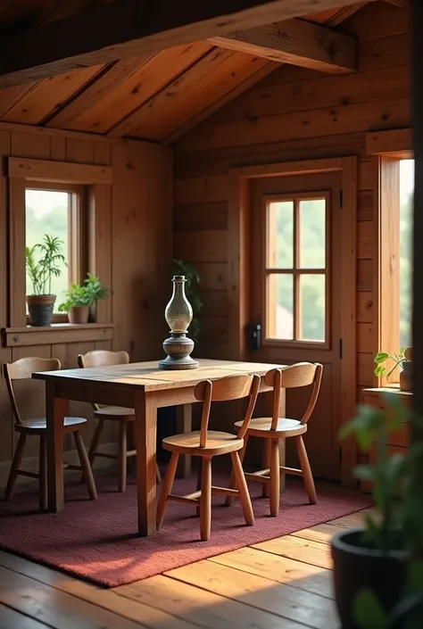 Rustic wooden living room with a small window and a door and a wooden table with four chairs around the table and an antique oil lamp on a small nightstand 