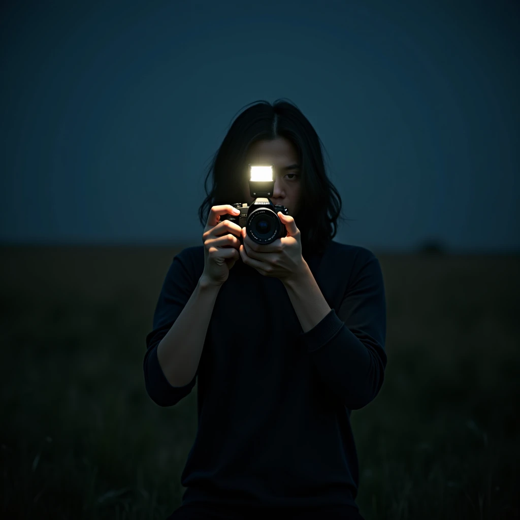 young man with long black hair taking a photo in the mirror covering his face with the professional camera with flash in a field at night