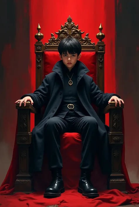 A  boy sitting in a throne with black coat and behind the throne there is red and black background