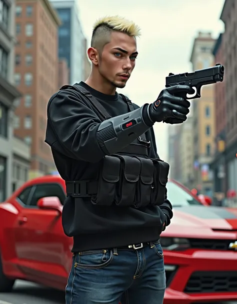 8k, cybernetic arms, masterpiece, best quality, high res, 1boy, adult, college-age male, Korean, blonde hair, short hair, mohawk, perfect hands, finger on trigger, gloves, gun, holding gun, holding weapon, single hand pistol, (glock 17 pistol), holster, ma...