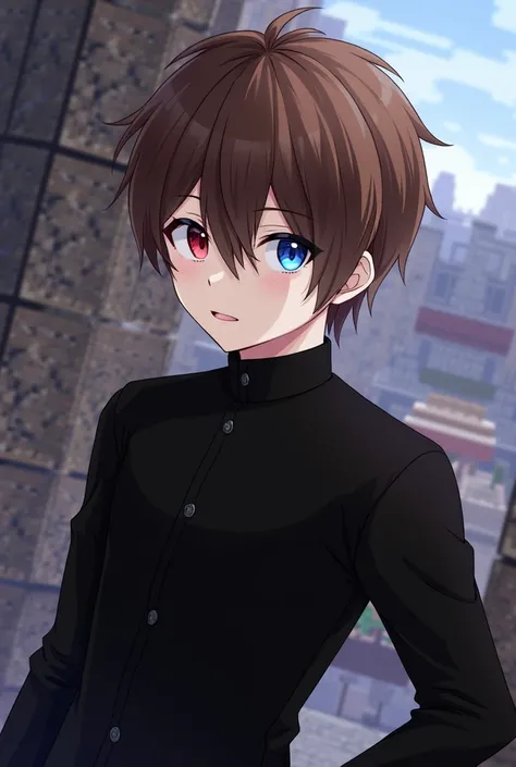 fanart festival,brown haired male character,red and blue eyes,wearing a closed black jacket,to the left,background render minecraft,size 1280x1280