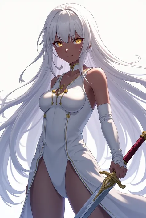 Black anime girl with long white hair in a white outfit, yellow eyes, with a sword, impatic genshin style