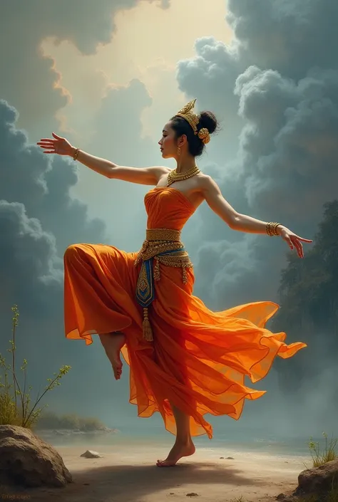 The oil painting closely resembles the reality and beauty depicted in the provided image. The image should feature a character dressed in traditional Thai attire, performing a classical dance or pose against a backdrop of dramatic clouds and mist, with an ...